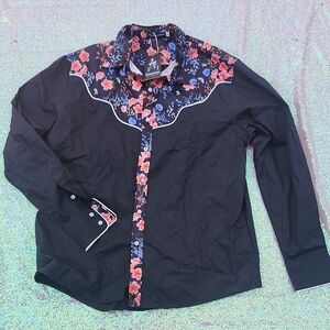 Men's Black Button-Down Shirt with Floral Yoke NWT Western Wear FUN!